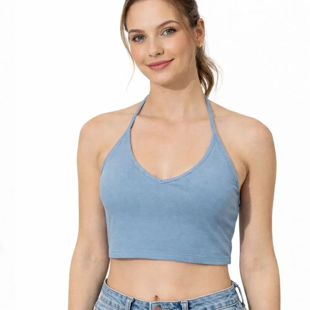 Cider Women's Solid Halter Crop Top in Sky Blue Size Small